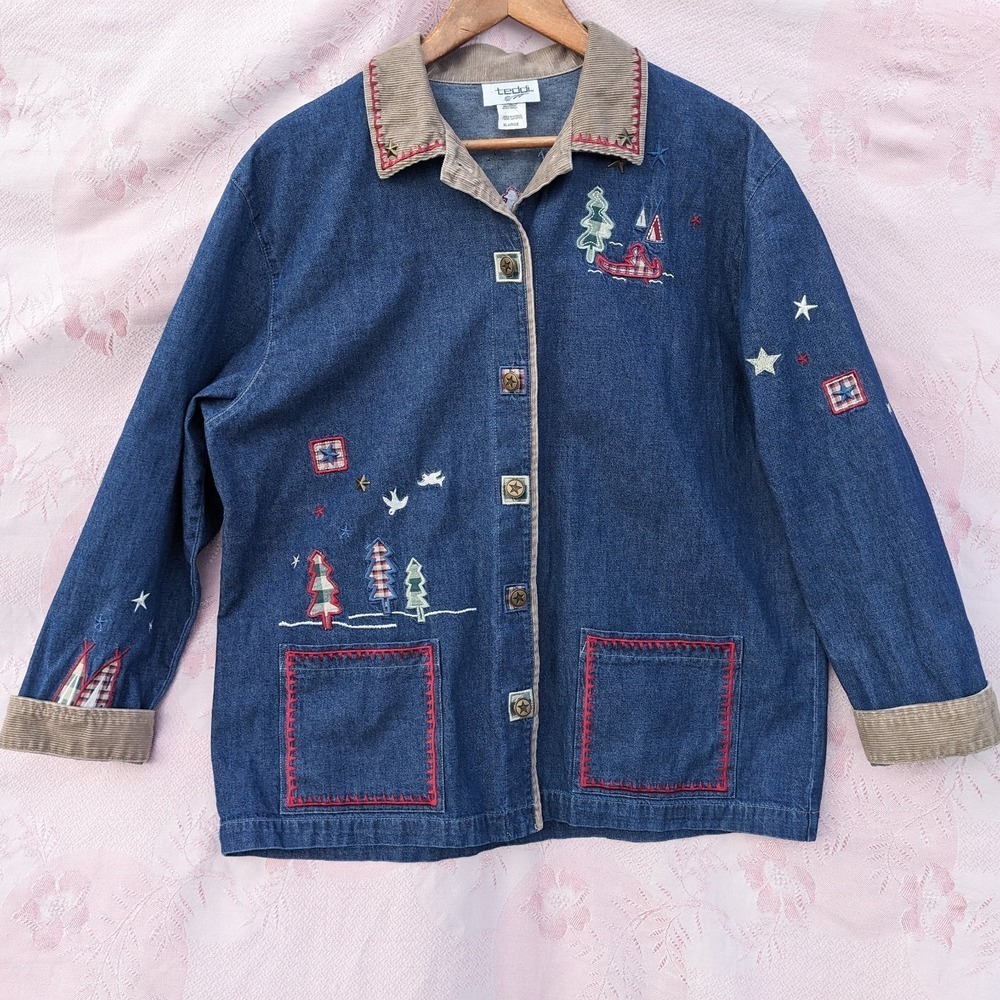 Vintage Denim Embroidered Jacket XL Camping Corduroy Collar Cottagecore Shacket